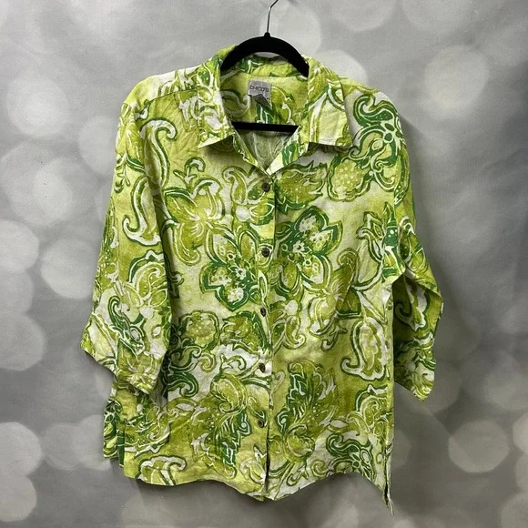 Chico's green floral blazer size 3 with wooden buttons 100% linen - Picture 1 of 7
